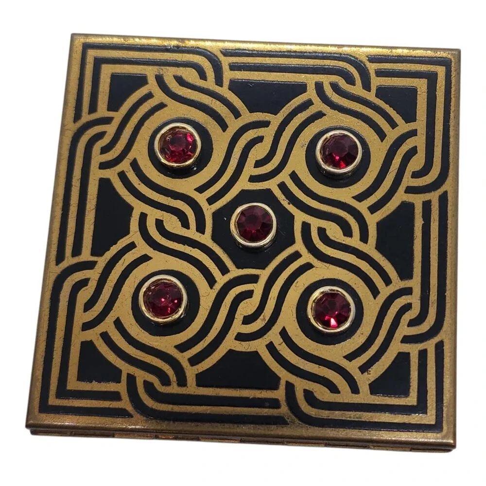 Vintage Volupte Compact Black Enamel Ruby Rhinestone Art Deco Powder Mirror